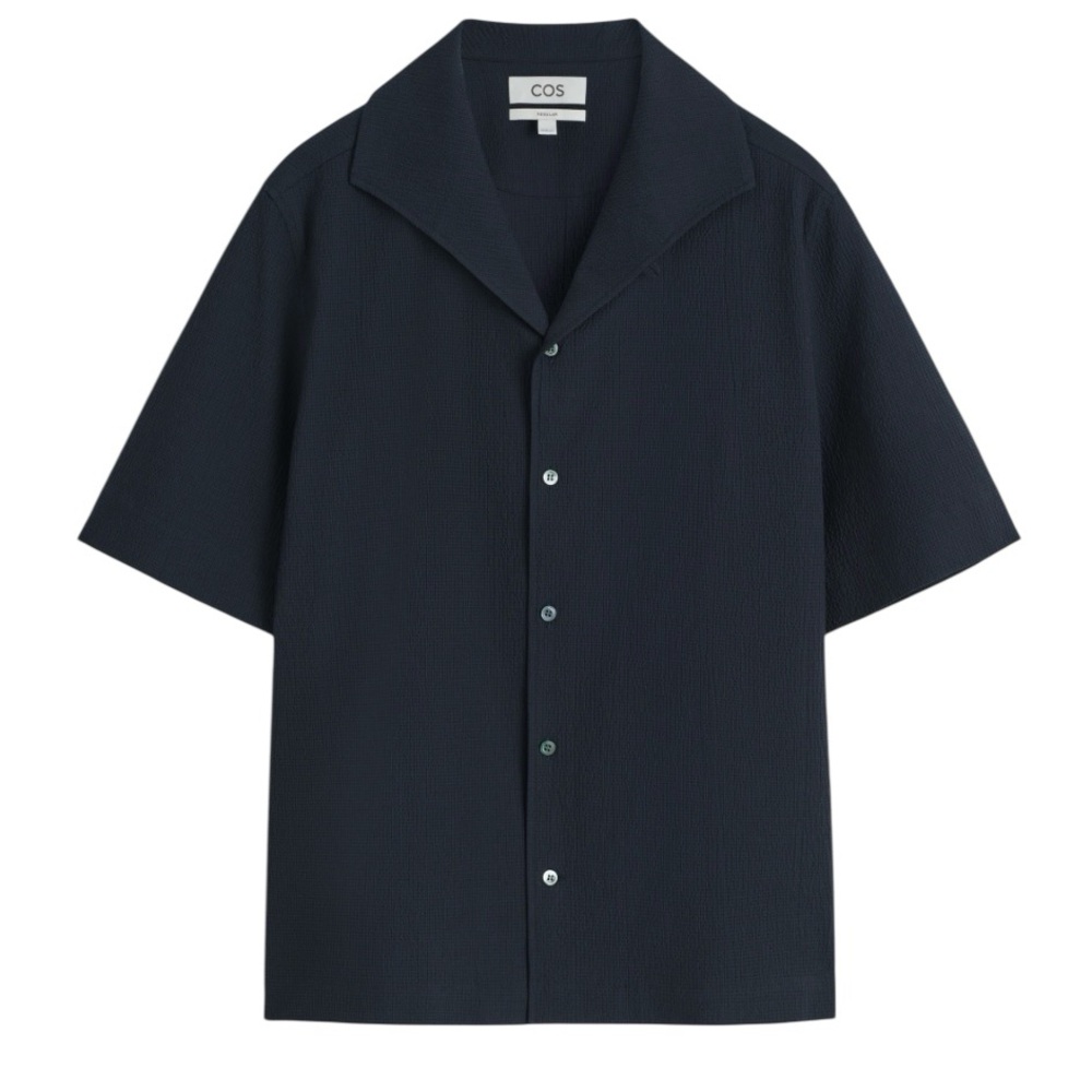 COS Camp Collar Seersucker Shirt in Black Size L. NWT